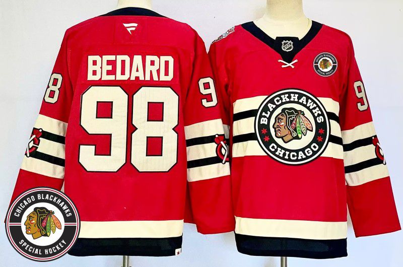 Men Chicago Blackhawks #98 Bedard Red Fanatics 2025 NHL Jersey style 9